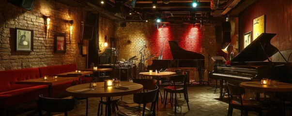 An underground jazz club with intimate table lighting that enhances the cozy atmosphere while focusing attention on the live performances