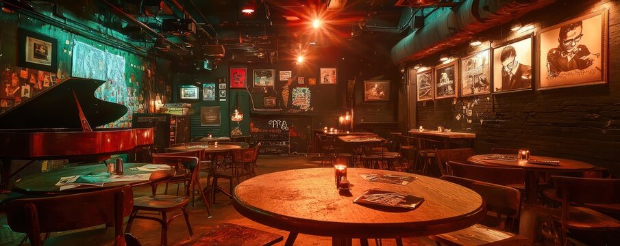 An underground jazz club with intimate table lighting that enhances the cozy atmosphere while focusing attention on the live performances