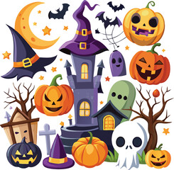 Sets of Halloween scary elements spooky items 