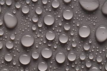 Water drops on gray background, top view