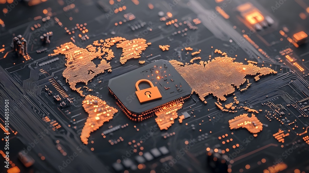 Poster padlock symbol on world map overlay with intricate digital circuitry and metallic gleam portraying t