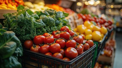 Colorful Grocery Cart Overflowing with Fresh Produce