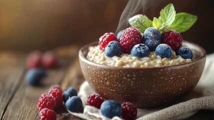 Steaming Oatmeal Bowl with Fresh Berries and Mint