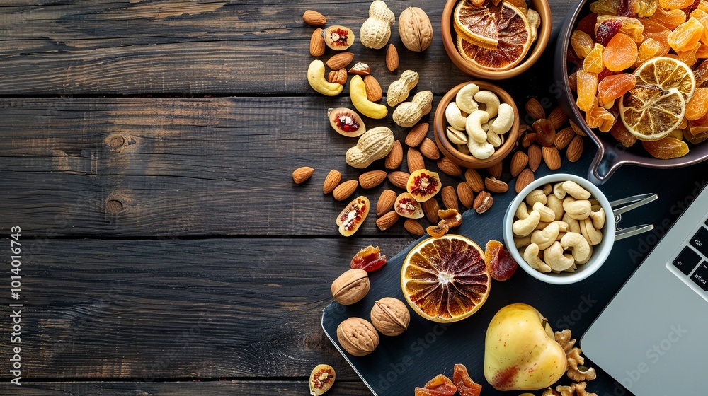 Poster An array of dried fruits and nuts arranged artfully on a rustic wooden surface, perfect for a nutritious energy boost at any time. Generative AI