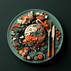 A visually striking and imaginative plate design featuring a detailed globular pattern with a fork and knife set upon it