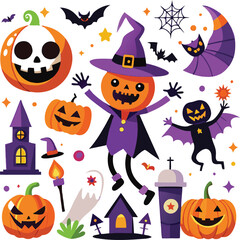 Sets of Halloween scary elements spooky items 