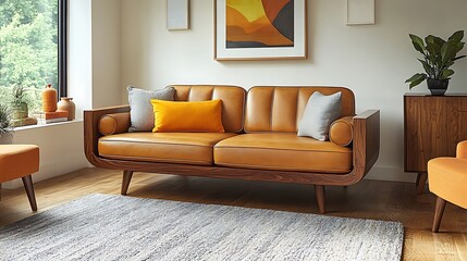 Midcentury modern coffee table clean lines walnut wood minimalist living room soft lighting contemporary furniture