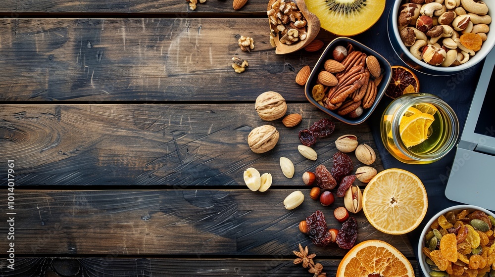 Poster a colorful spread of dried fruits and various nuts is artfully arranged on a rustic wooden table, pe