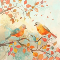 A pair of cute songbirds sitting on a branch surrounded by many leaves. Picture style image. Illustration for cover, postcard, interior design, banner, poster, brochure or presentation.