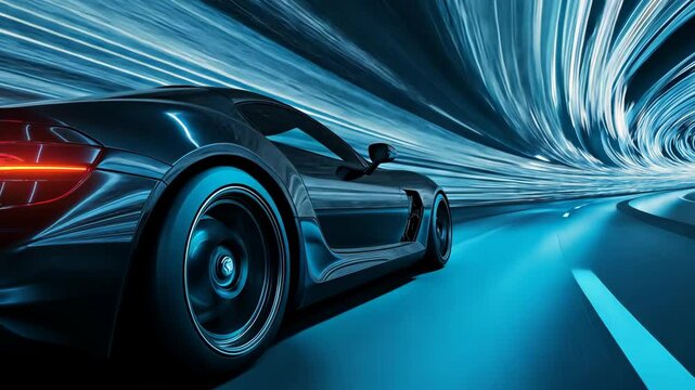 A black sports car speeds through a tunnel with blue lights streaming past