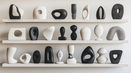 A collection of miniature abstract sculptures in a monochrome palette, displayed on floating shelves