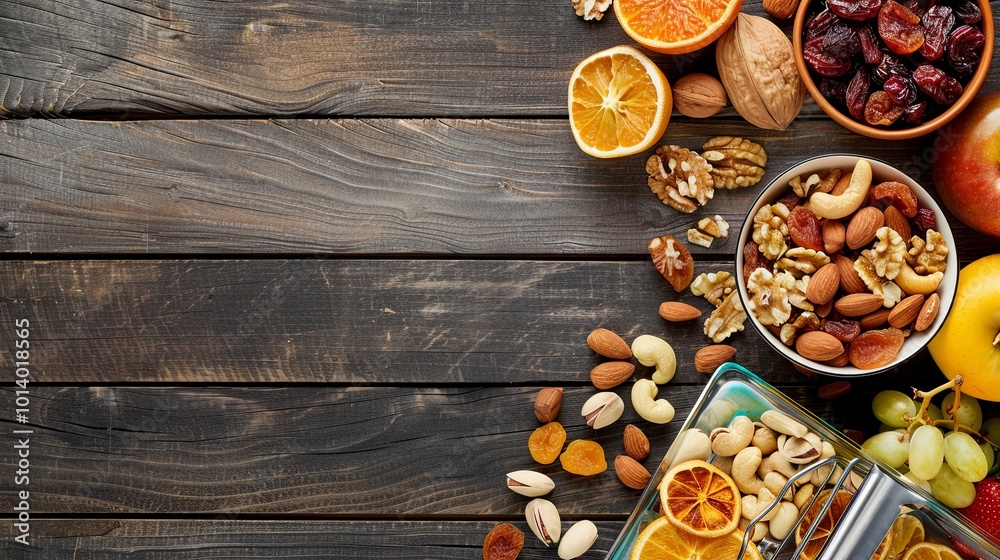 Poster a vibrant display of dried fruits and mixed nuts arranged on a wooden surface, perfect for a nutriti