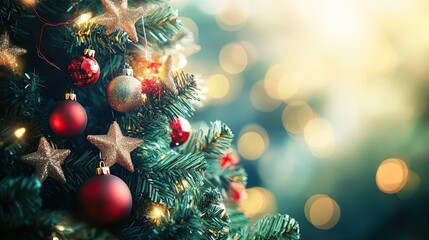 Close-up of glass balls and stars hanging on Christmas tree branches. Illustration for banner, poster, cover, brochure, postcard or presentation.