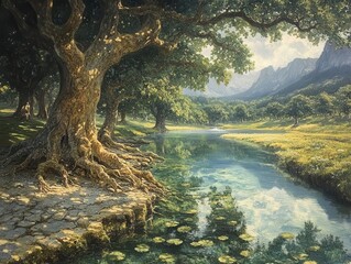 Fototapeta premium primordial wilderness with towering ancient trees and gnarled roots a crystalclear stream flowing gently embodying a timeless sanctuary filled with vibrant flora and fauna