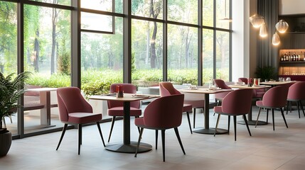 Fototapeta premium Pink restaurant interior with chairs and tables in a row, large window, and mockup frame