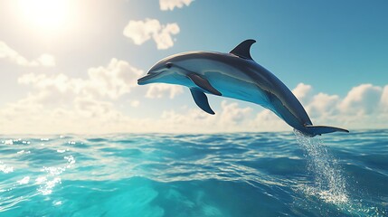A graceful dolphin leaping from the ocean beneath a bright sky with soft clouds