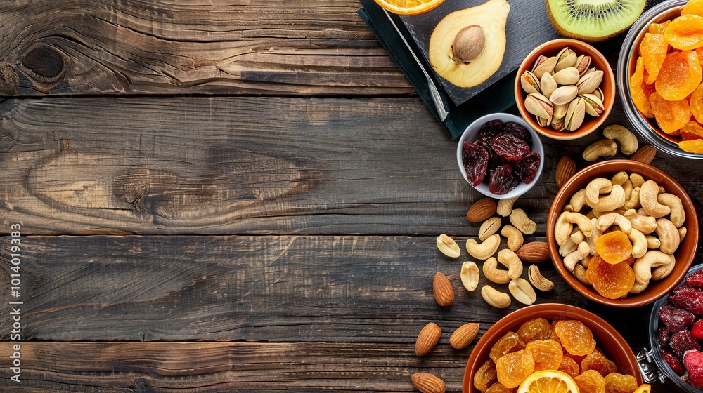 Poster a vibrant assortment of dried fruits and nuts is thoughtfully arranged on a rustic wooden surface, r