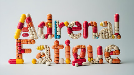 Adrenal fatigue concept with colorful pills text
