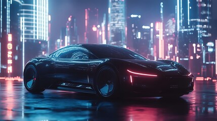 Fototapeta premium Futuristic design night cityscape background with advanced vehicles and city