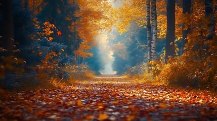 Fototapeta premium Idyllic Autumn Forest Surrounded by Warm Sunset Glow Perfect Nature Background