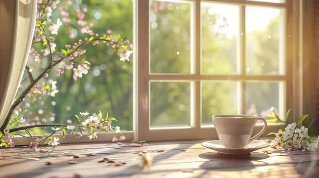 A warm cup of coffee on a windowsill with a vibrant spring view filled with blooming flowers and greenery.
 Seamless looping 4k time-lapse virtual video animation Generated AI