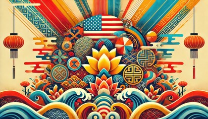 Topical colors / asian patterns, for Asian American and Native Hawaiian heritage / Pacific Islander Heritage Month (APAHM) or asian american pacific islander (AAPI) heritage month in may