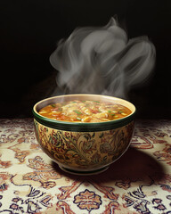 Image of Close-up of a steaming bowl of soup on a patterned tablecloth printed on Printed Glass Splashbacks