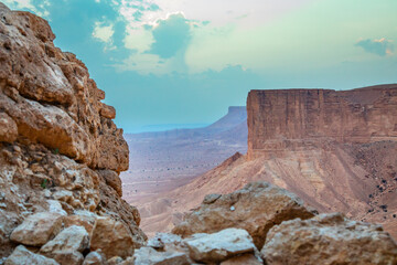 The Jabal Tuwaiq Mountains ridge, with desert landscape, Riyadh, Saudi Arabia