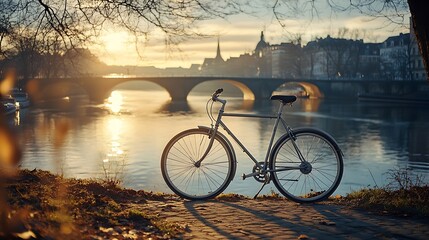 A bicycle parked in front of the bridge and beautiful surroundings with sunset over the river