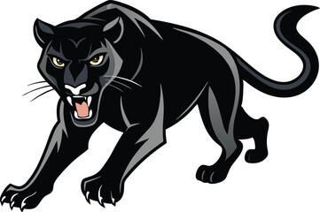 Black panther crouching and ready to pounce, illustrated in a bold and powerful cartoon style
