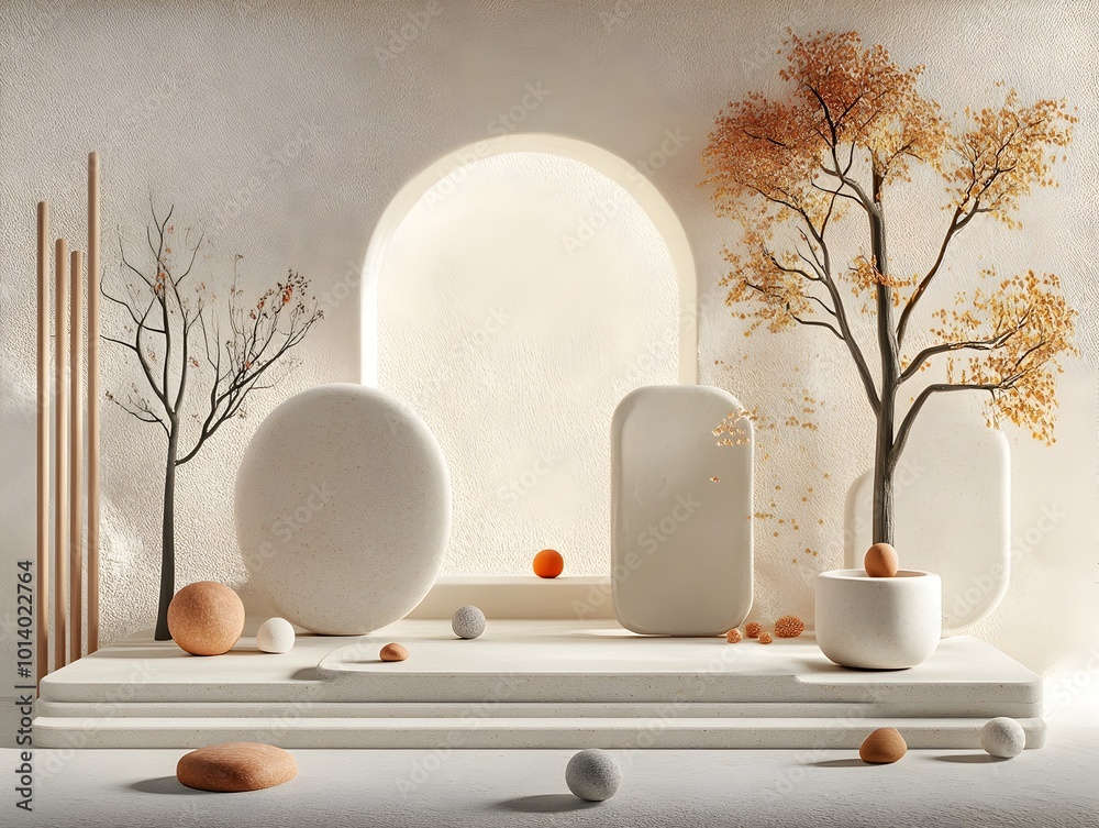 Poster minimalist 3d studio setup featuring marble textured walls and floor with a podium and various objec