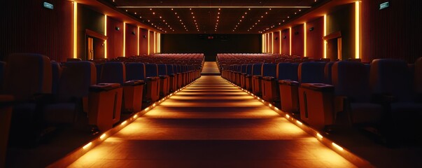A luxury cinema with aisle lighting that subtly brightens as patrons walk to their seats, dimming back down once they are seated to not disturb the movie experience