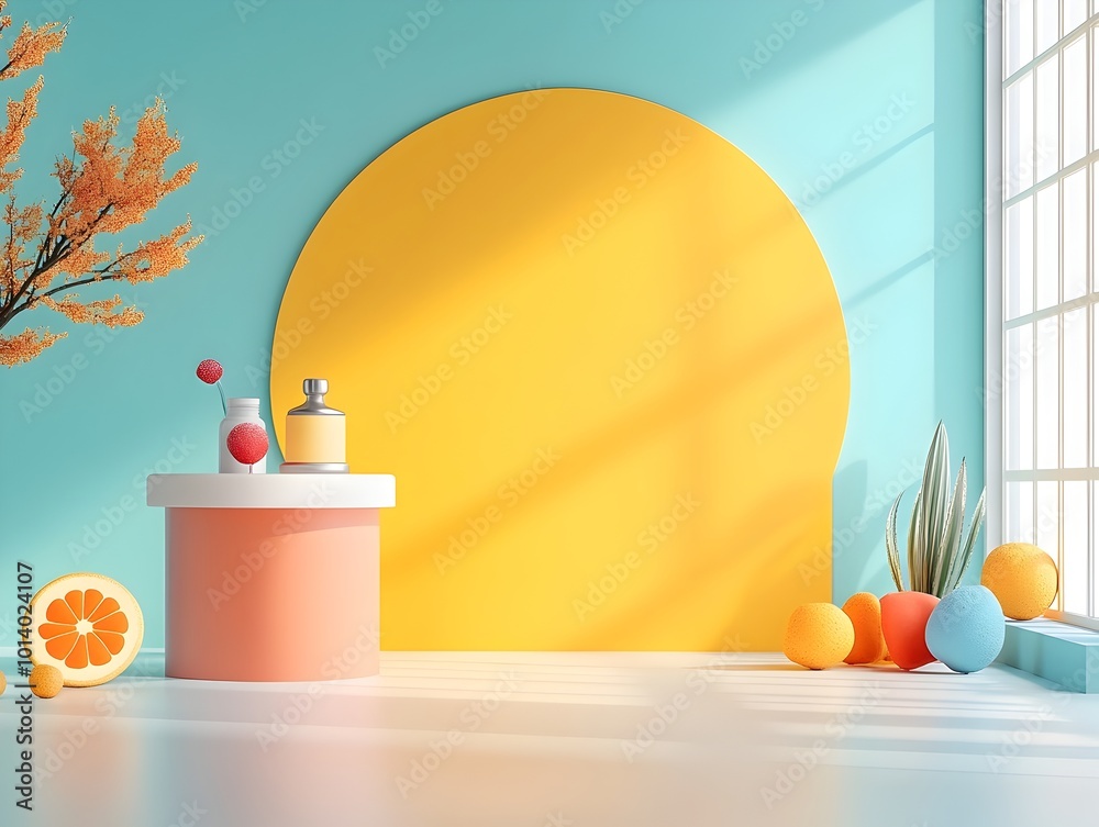 Poster minimalist 3d product showcase in a clean studio setting with a solid yellow backdrop empty floor an