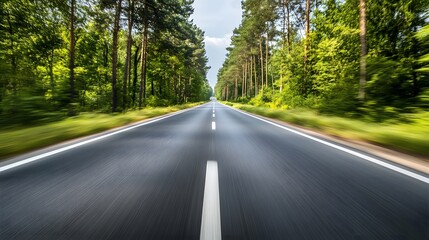 Fototapeta premium Point-of-view perspective from a car on a highway, conveying motion and travel, with blurred scenery suggesting movement