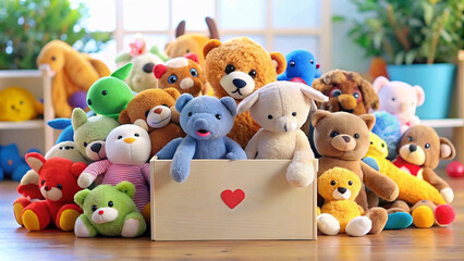 Wooden box overflowing with colorful stuffed animals