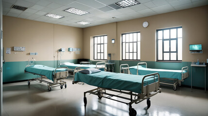 Within the prison infirmary, inmates receive medical care and treatment, their ailments tended to by nurses and doctors amidst the stark surroundings of the healthcare facility, Generative AI