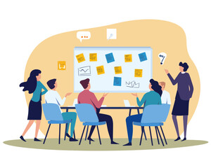 Flat Vector Illustration of Business Team in Workshop Meeting Room Brainstorming New Ideas with Sticky Notes on Whiteboard