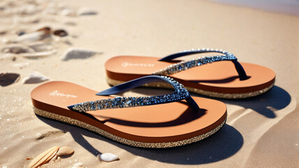 On the sandy shore, women flaunt stylish beach flip-flops adorned with sparkling rhinestones, adding a touch of glamour to their seaside ensemble as they bask in the sun, Generative AI