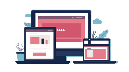 Responsive Web Design Illustration Showing Development and Page Construction Across Devices Including Desktop, Tablet, and Mobile