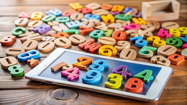 Colorful wooden numbers and letters scattered around a tablet