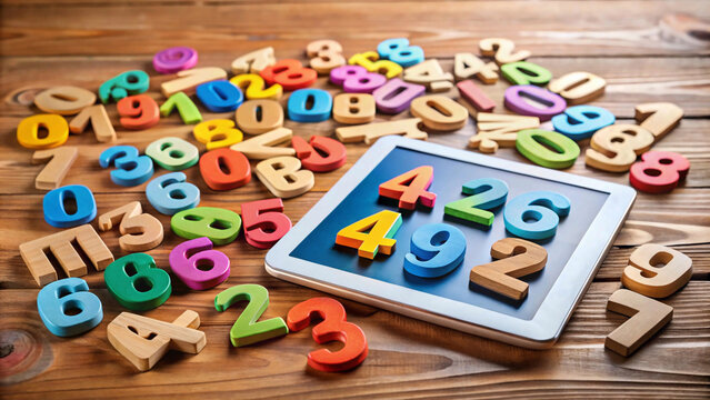 Colorful wooden numbers and letters scattered around a tablet