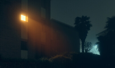 house window light beam through the fog at night 