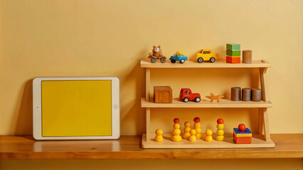 Yellow tablet next to wooden toy shelf
