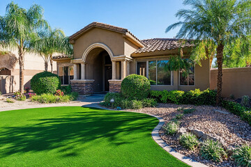 Modern contemporary home front yard features artificial grass lawn. Synthetic turf. Arizona home with artificial grass.