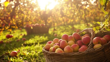 Rustic apple orchard at harvest, baskets of freshly picked apples ,  evoking the nostalgia of autumn traditions