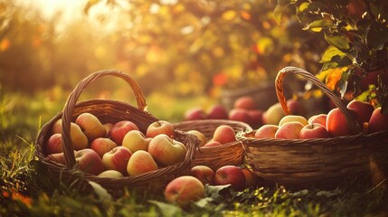 Rustic apple orchard at harvest, baskets of freshly picked apples ,  evoking the nostalgia of autumn traditions