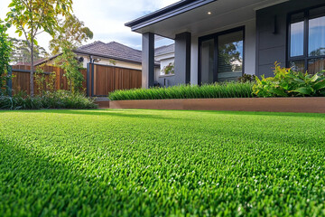 Close up of artificial grass lawn. Synthetic grass front yard - modern house. Artificial lawn.