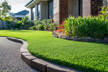 Obraz premium Close up of artificial grass lawn. Synthetic grass front yard - modern house. Artificial lawn.