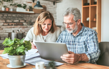 Senior couple reviewing financial documents together on a laptop, symbolizing retirement planning and budgeting. 