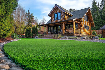 Fototapeta premium Traditional cabin home front yard features artificial grass lawn. Synthetic turf. 